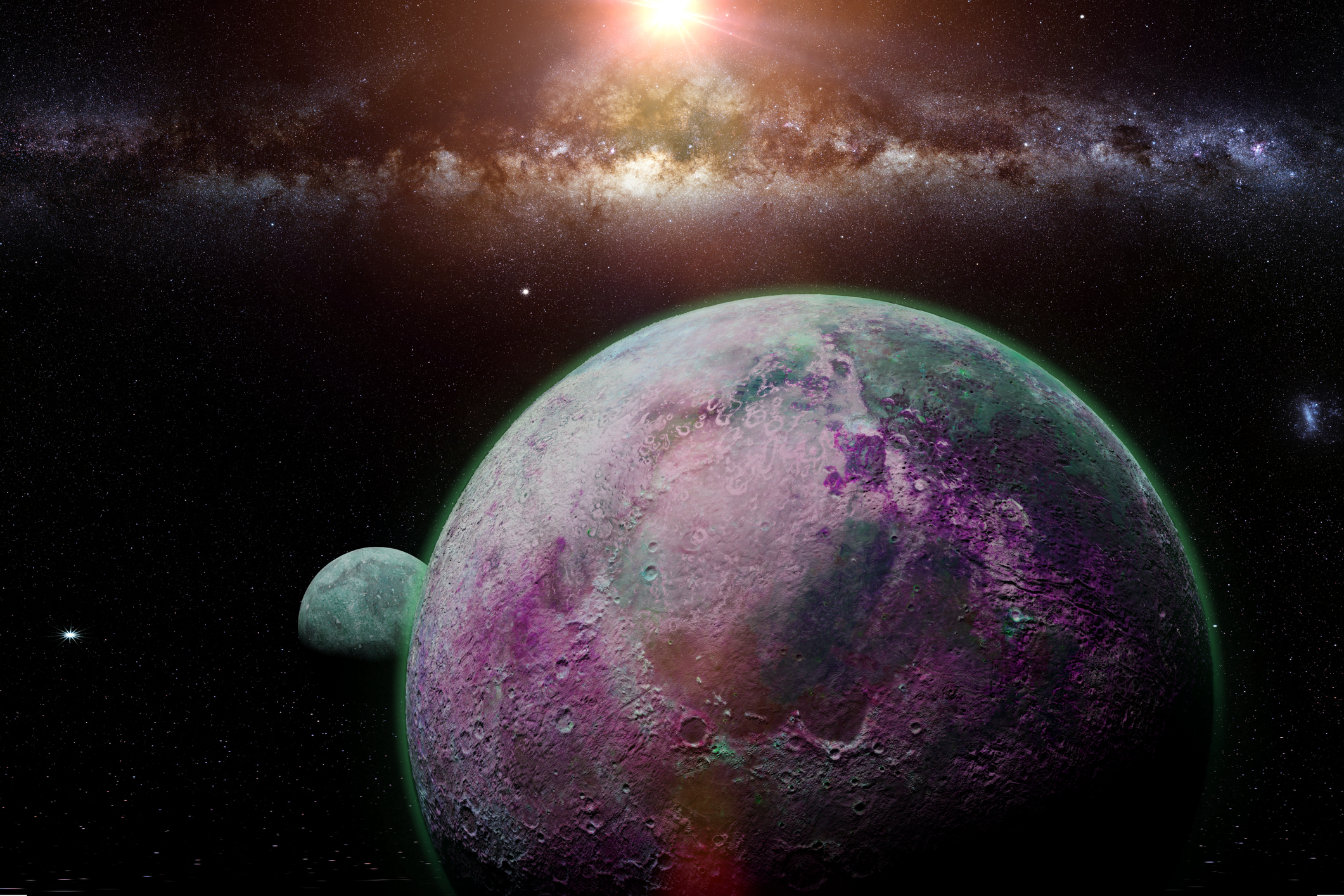 habitable alien planet with moon and the galaxy